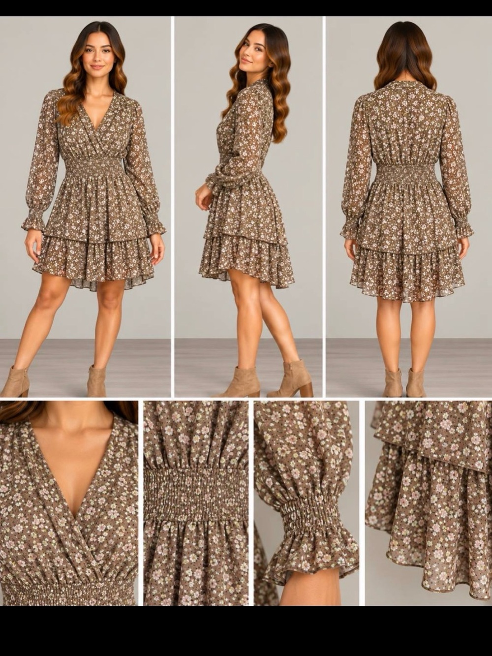 Timing Brown Floral Smocked Tiered Mini Dress woman size S